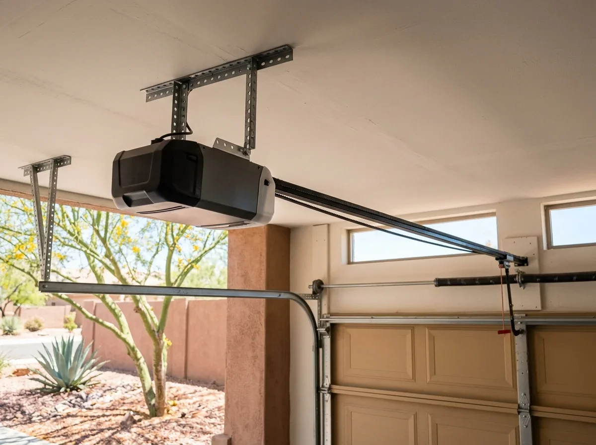 Garage opener and rail mounted on the ceiling