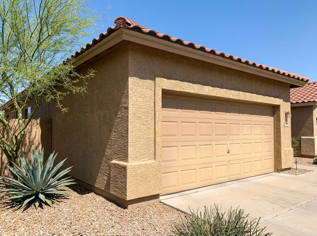 Steel garage door on a sunny stucco home