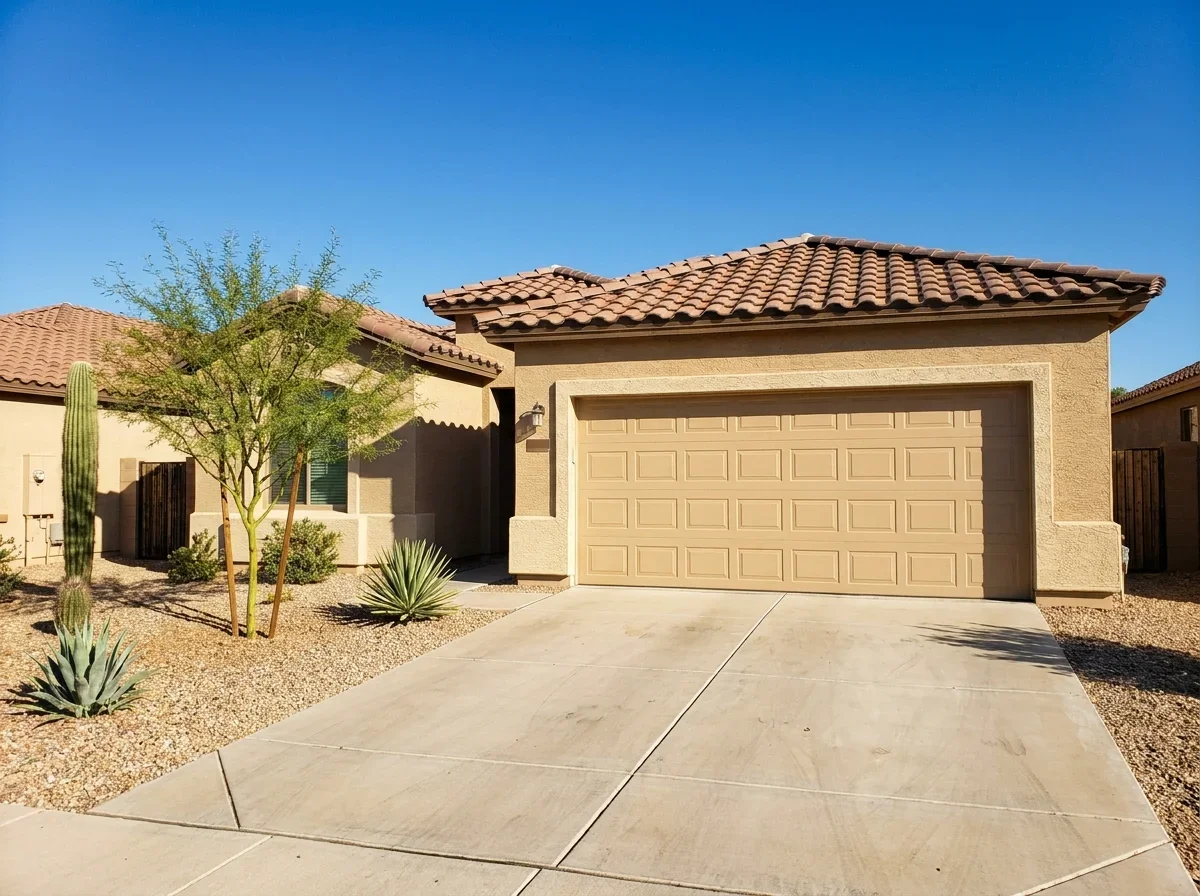 Repaired garage door closed on a suburban home