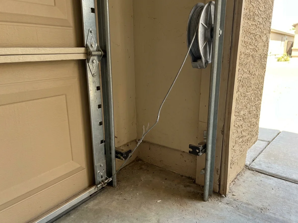 Garage door lift cable running from bracket to drum