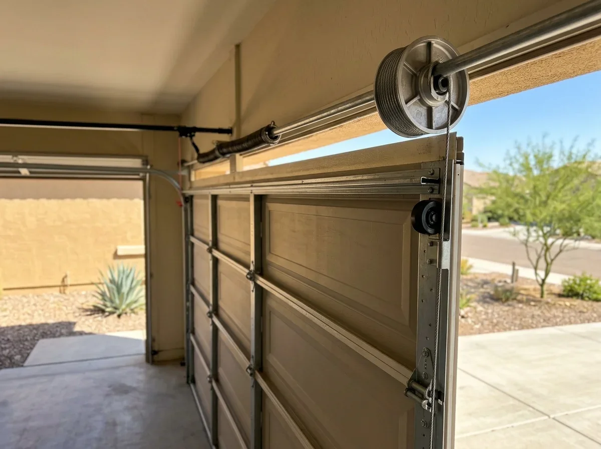 New garage door cable seated on the drum beside the track