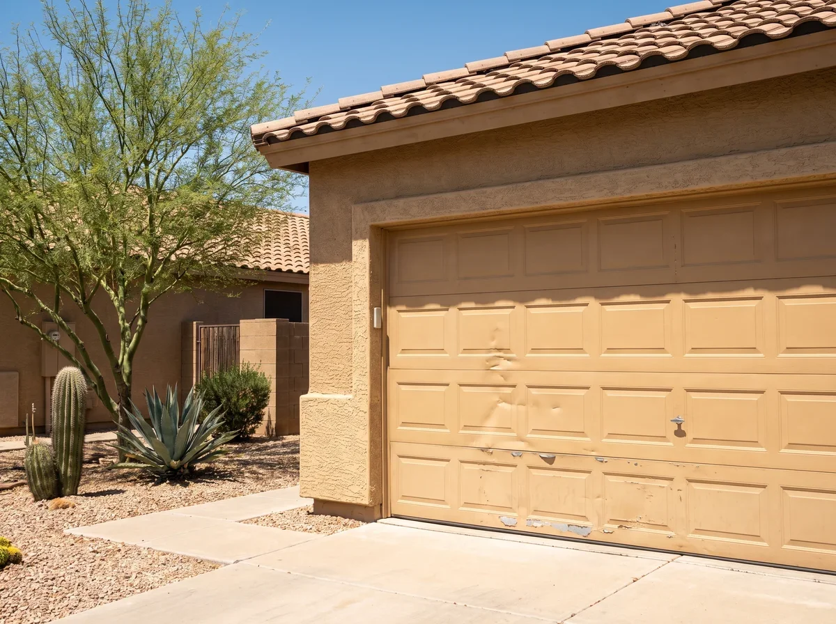 Paneled garage door with slightly dented lower panels