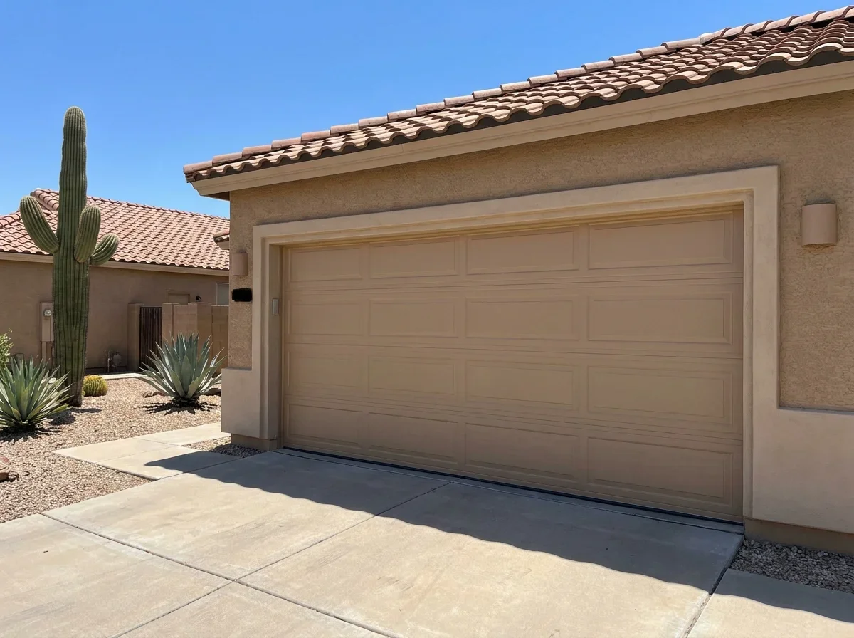 Newly installed garage door on a tidy home