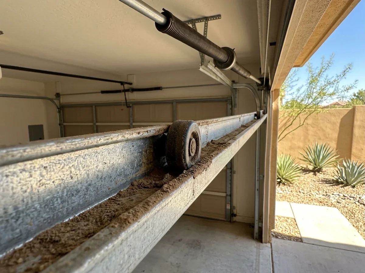 Dusty garage door track with a roller inside