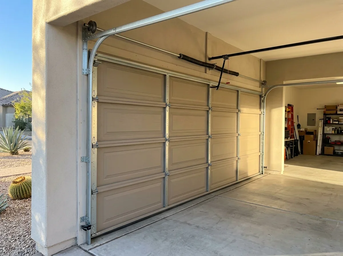 Serviced garage door with clean tracks and hinges
