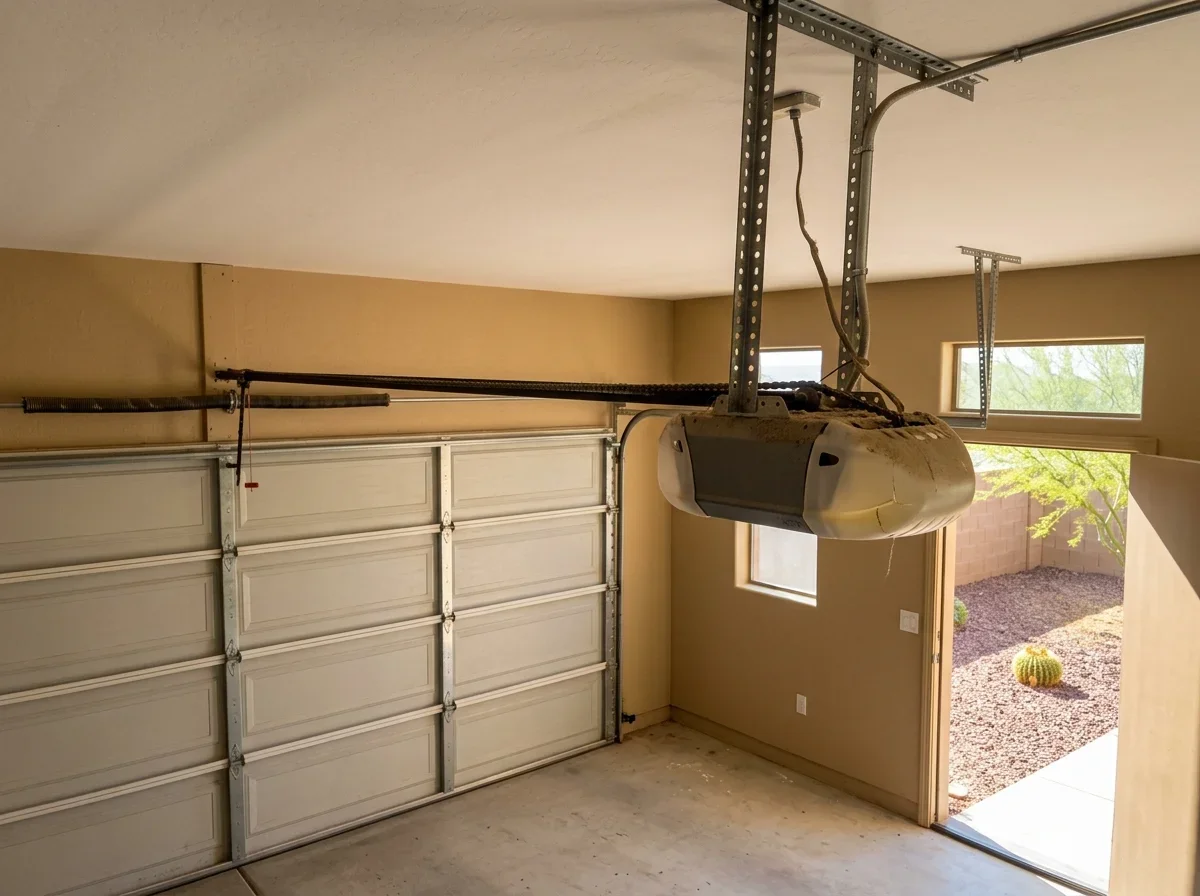 Ceiling-mounted garage door opener above a closed garage door