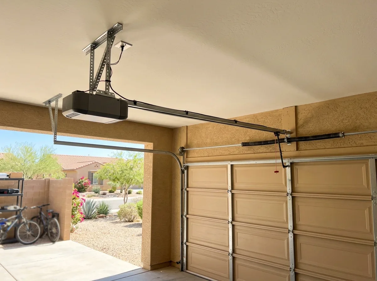 Newly installed garage door opener mounted on the garage ceiling