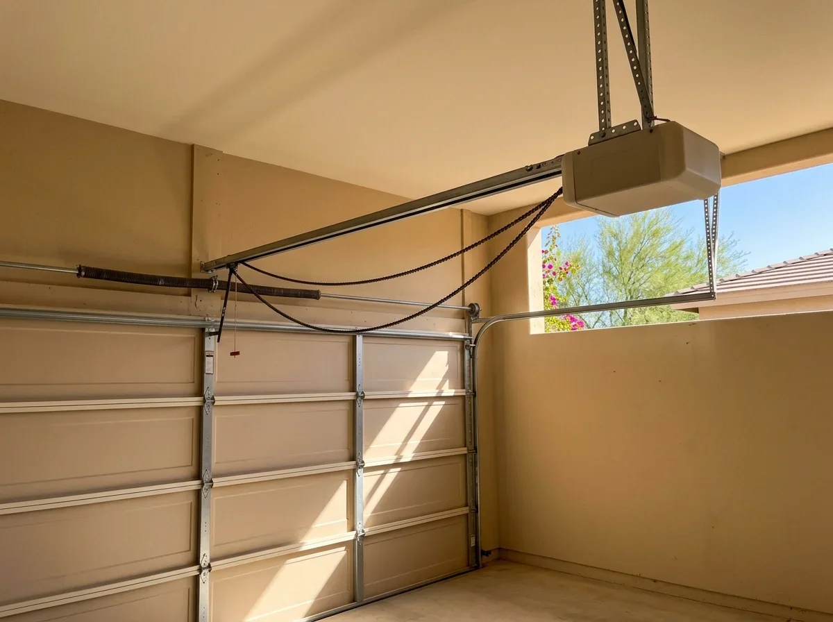 Ceiling-mounted garage door opener above a closed garage door