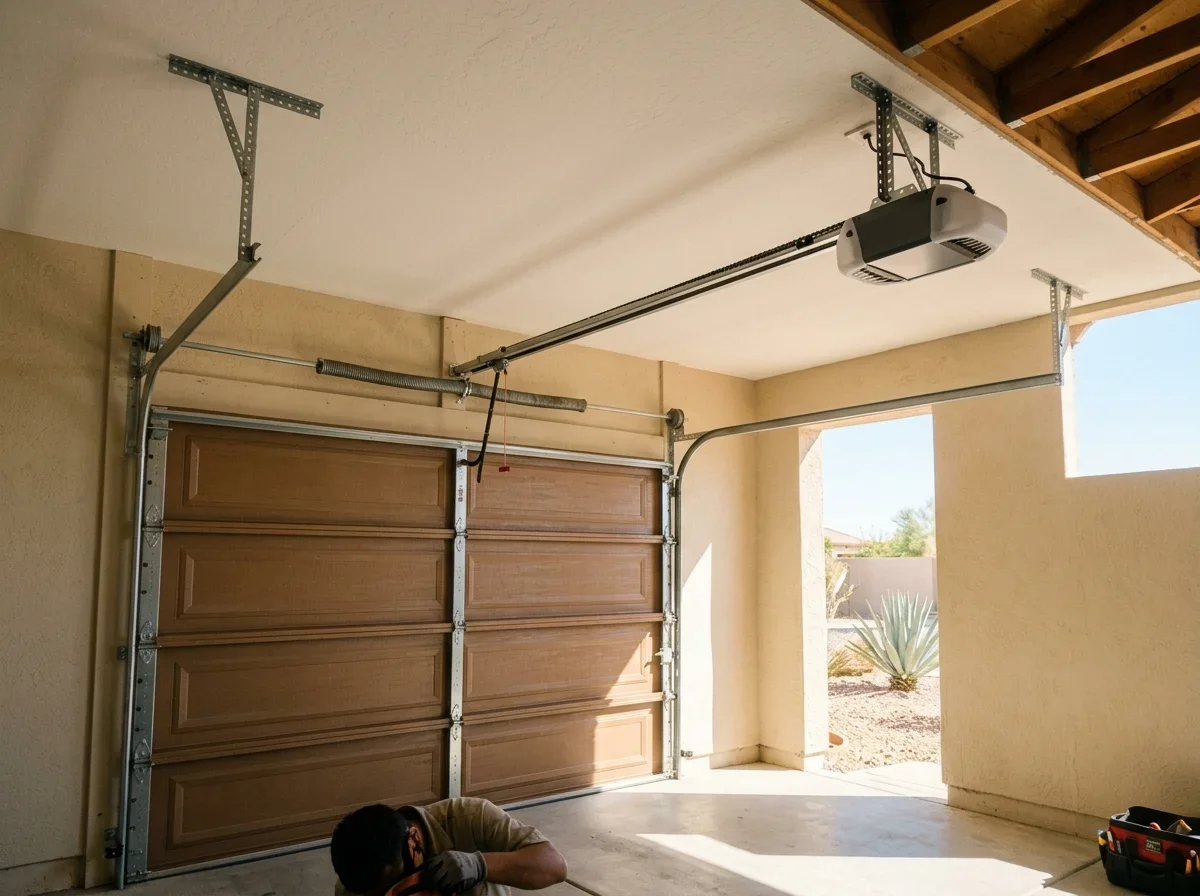 Repaired garage door opener mounted above a closed door