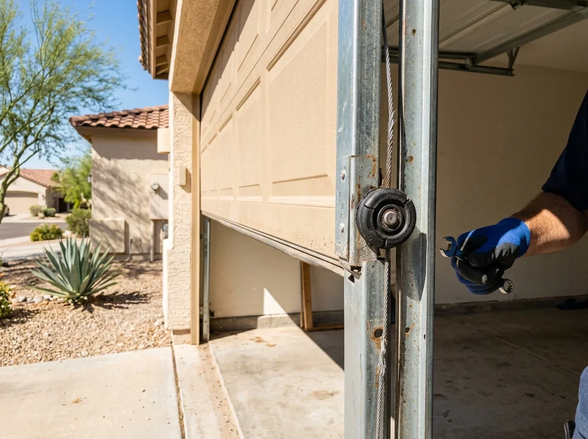 Residential garage door with visible side track in morning light