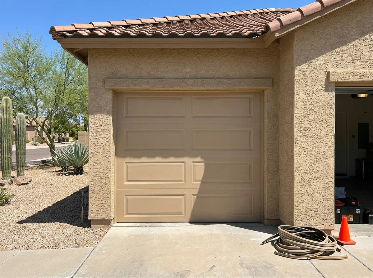 Repaired garage door closed on a tidy suburban home