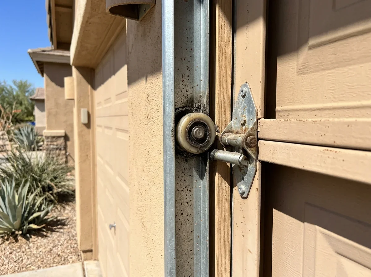 Garage door roller in its track beside a hinge