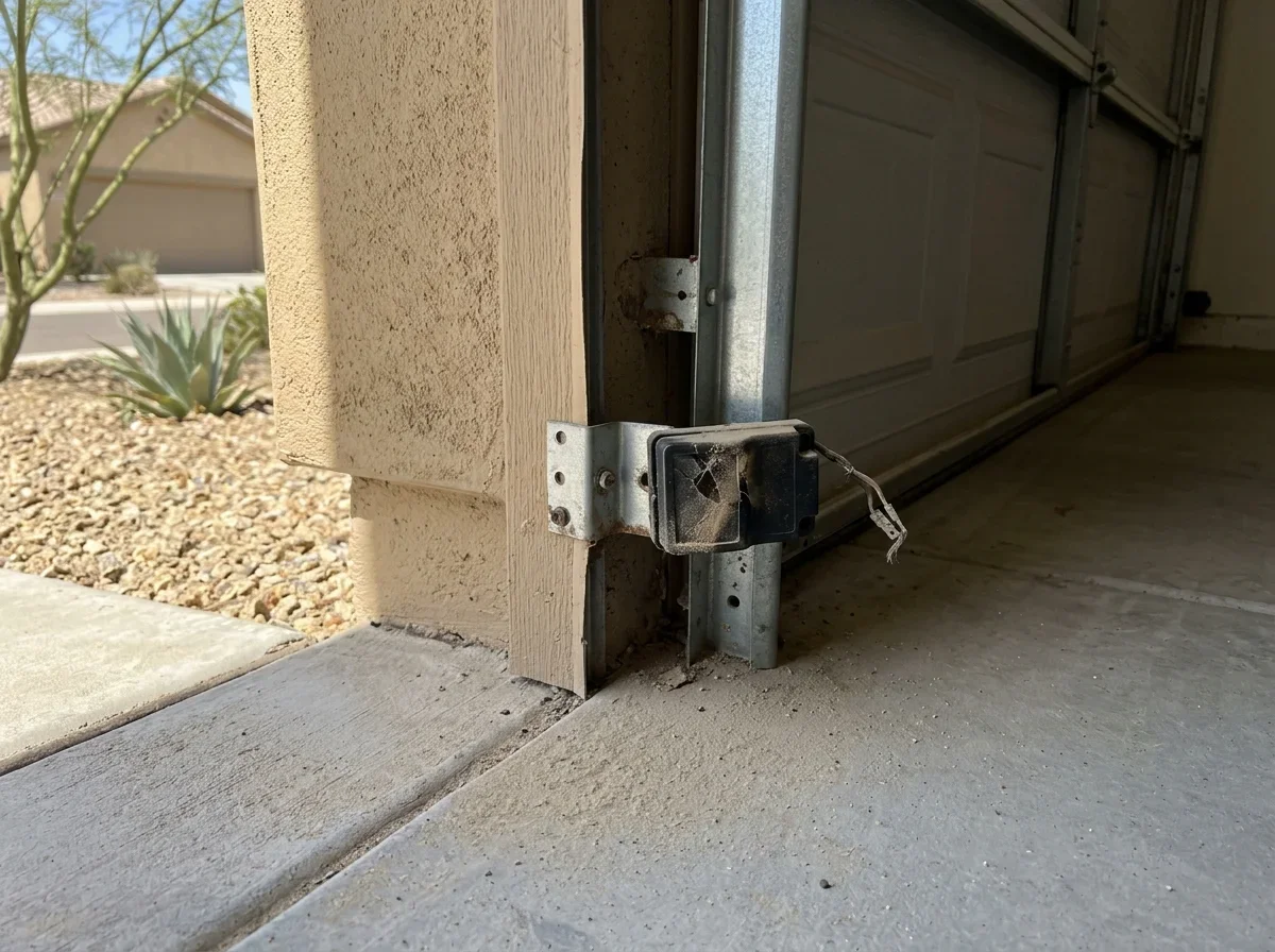 Garage door safety sensor mounted near the floor beside the track