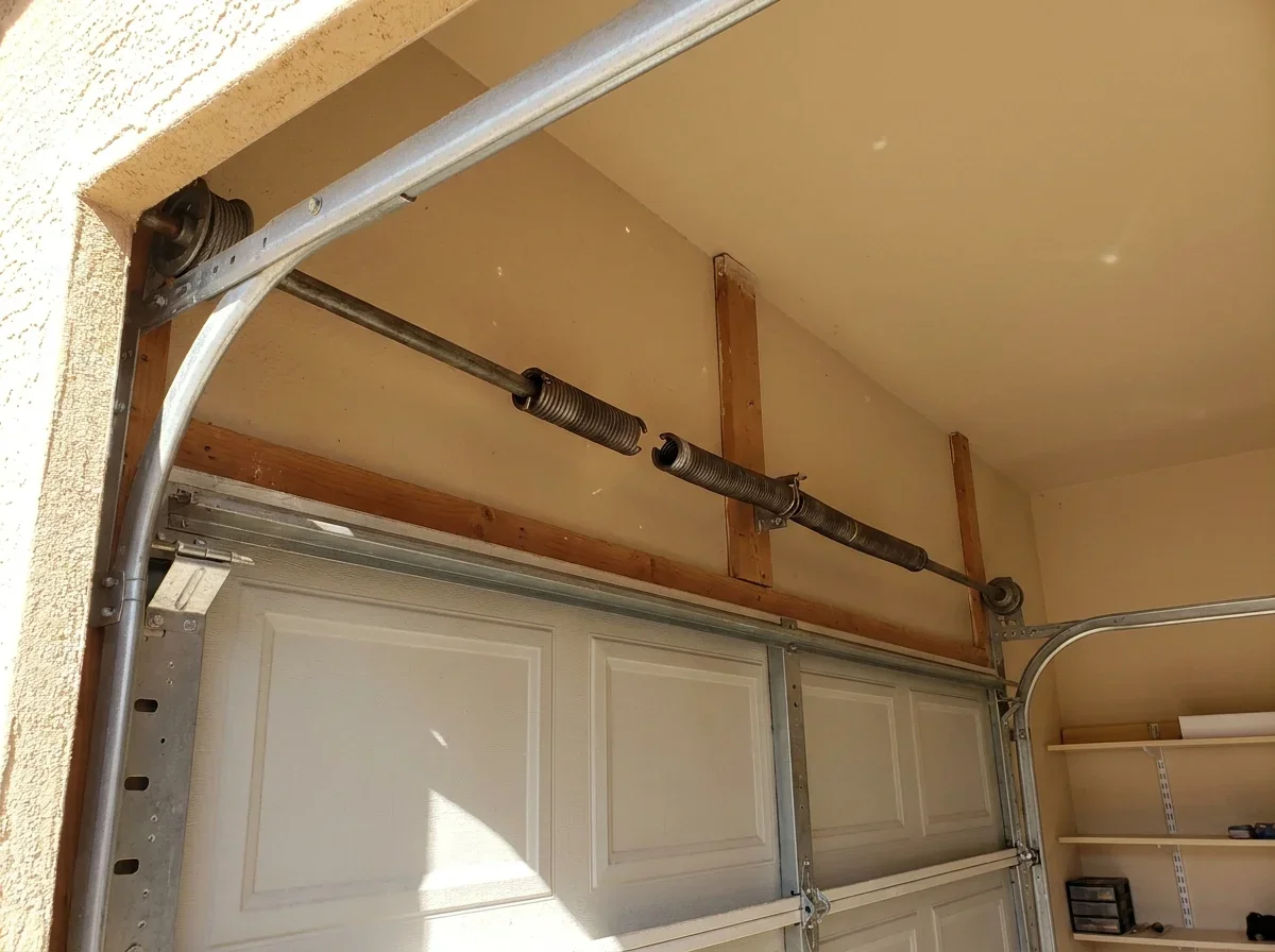 Torsion spring coiled on a bar above a garage door