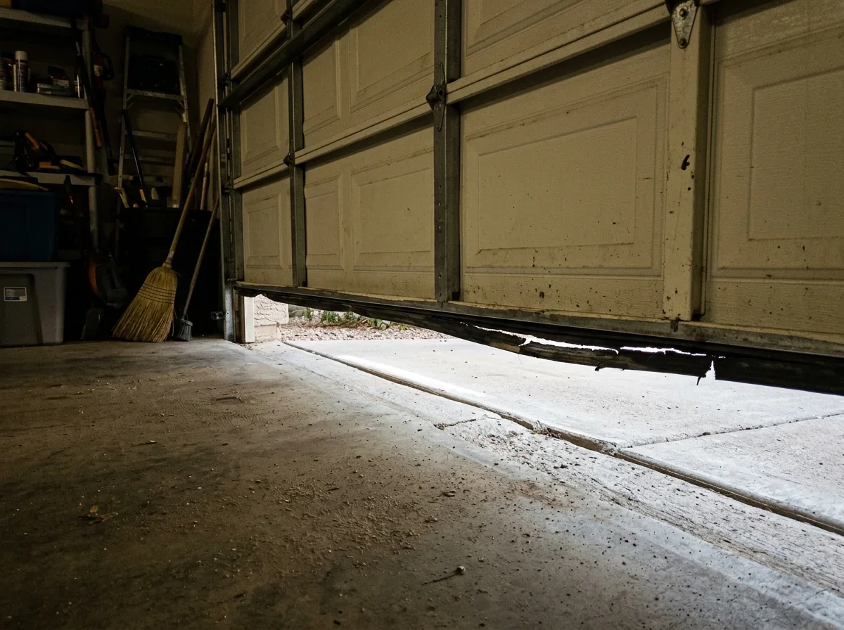 Worn rubber seal with daylight showing under a closed garage door